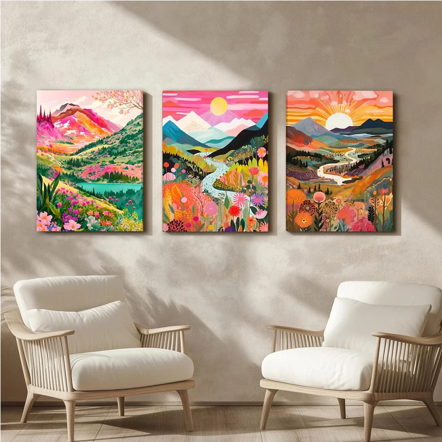 

3 pcs Colorful Watercolor Mountain diamond painting triptych Boho Floral Painting Picture Wall Decor Abstract Nature Landscape