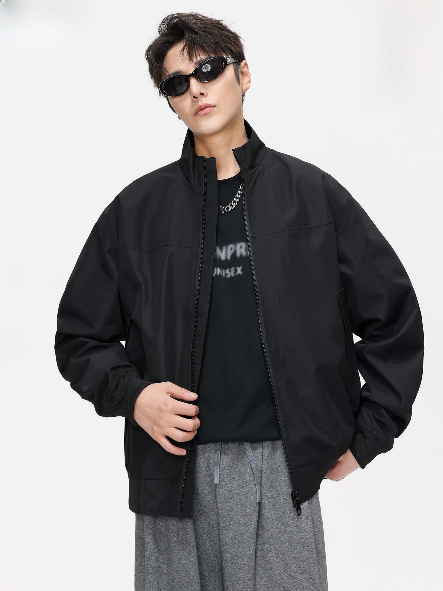 

Wassup Dozen, корейский однотонный джат с воротником-стойкой, свободный крой, повседневный модный осенний Новое поступление, уличная одежда, топ