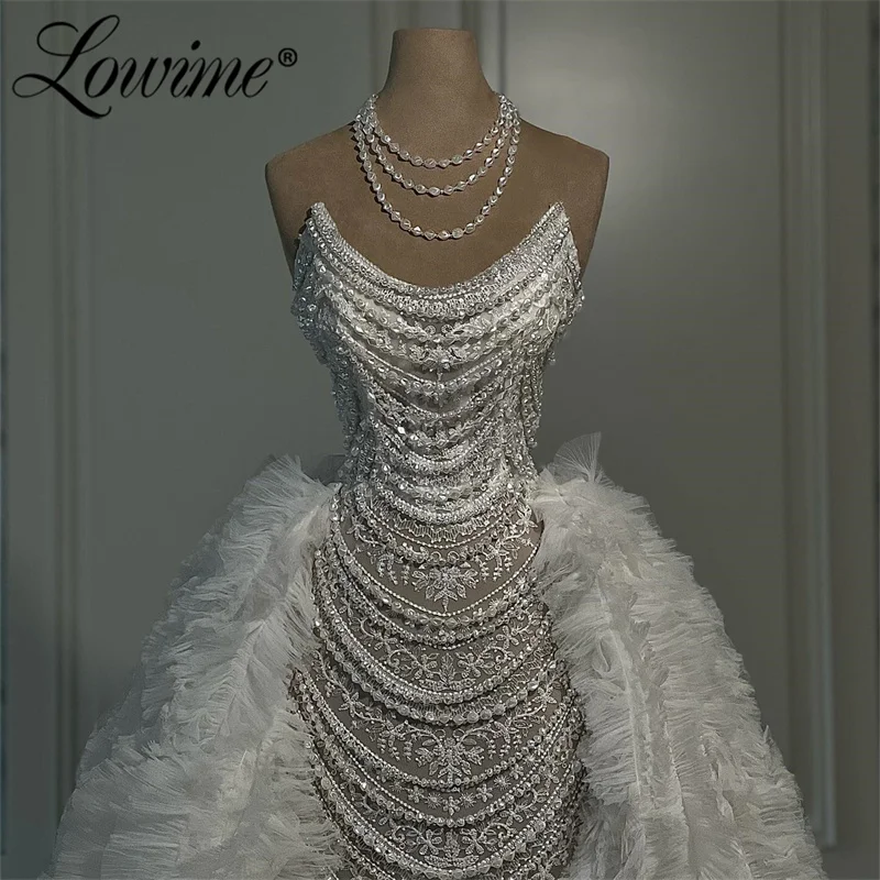 Robe De Soiree White Prom Dresses Abendkleider Beading Tassel Pearls 2 IN 1 Wedding Party Dress 2024 Arabic Long Evening Gowns