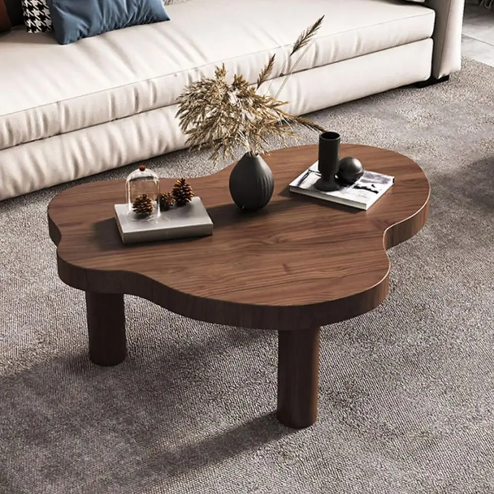 

Irregular Shaped Wooden Coffee Table, Round Accent End Table, 3 Legs, Living Room Furniture (27.5 L x 18 W x 16 H, Walnut)