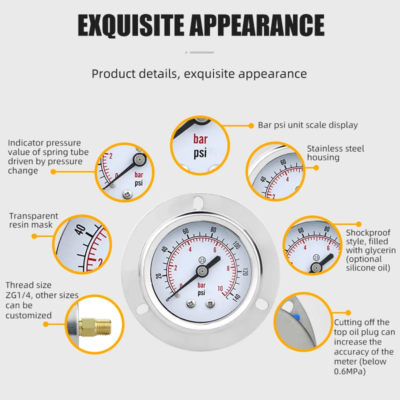 MAIRUIKESI High Quality Liquid filling Pressure Gauges 50mm -1-0-600bar Back Connection With Flange Stainless Steel Case