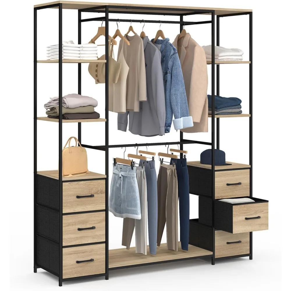 - Dressing Double penderie + Double Colonne L. 140 cm Utah avec 6 étagères et 6 bacs en Tissu Bois et Noir