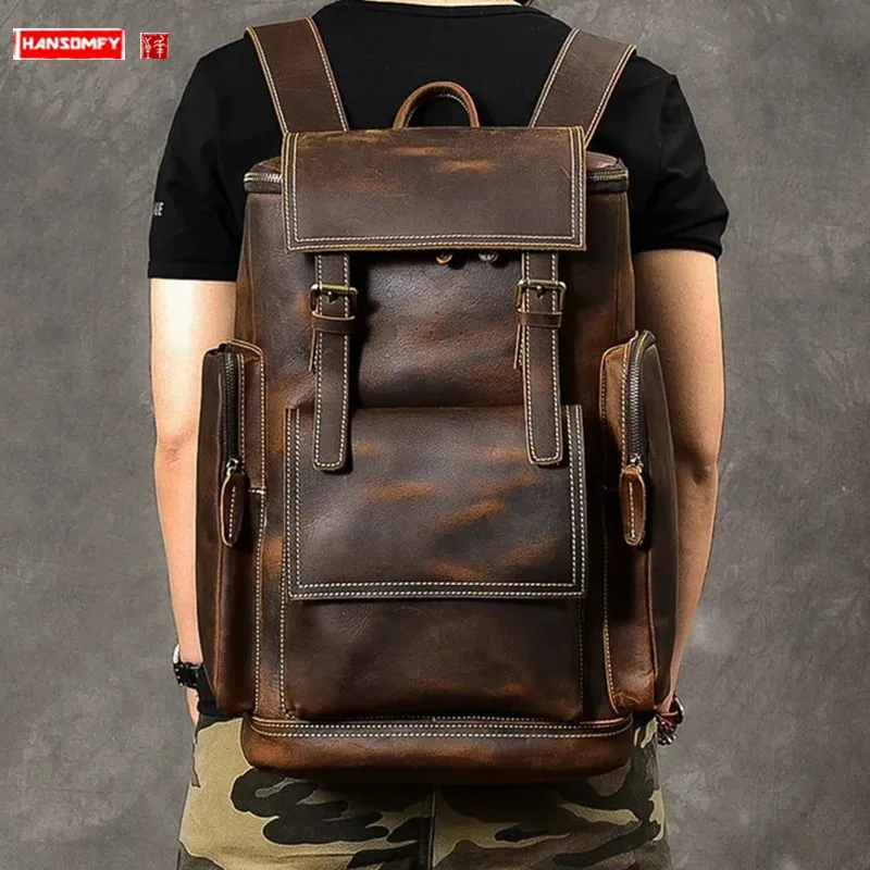 

Retro Crazy Horse Leather Men's Backpack male computer bag Large Capacity 15.6 inch laptop bags genuine leather Travel Backpacks