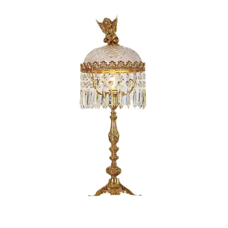 

French retro rococo table lamp antique style, crystal glass brass engraved bedroom living room dining room bedside
