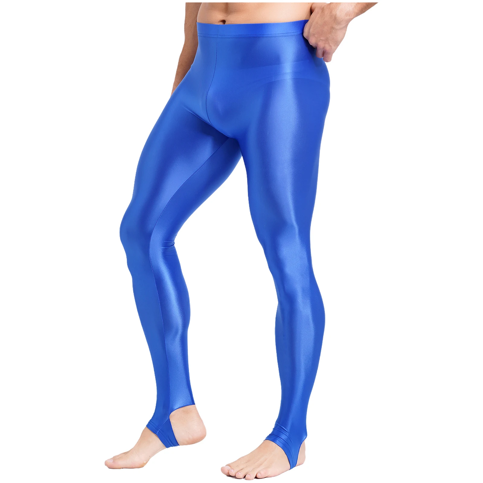 Mens Glossy Leggings High Waist Elastic Waist Tights Pants Gym Workout Tummy Control Sport Jogging Pants Sportswear Swimwear