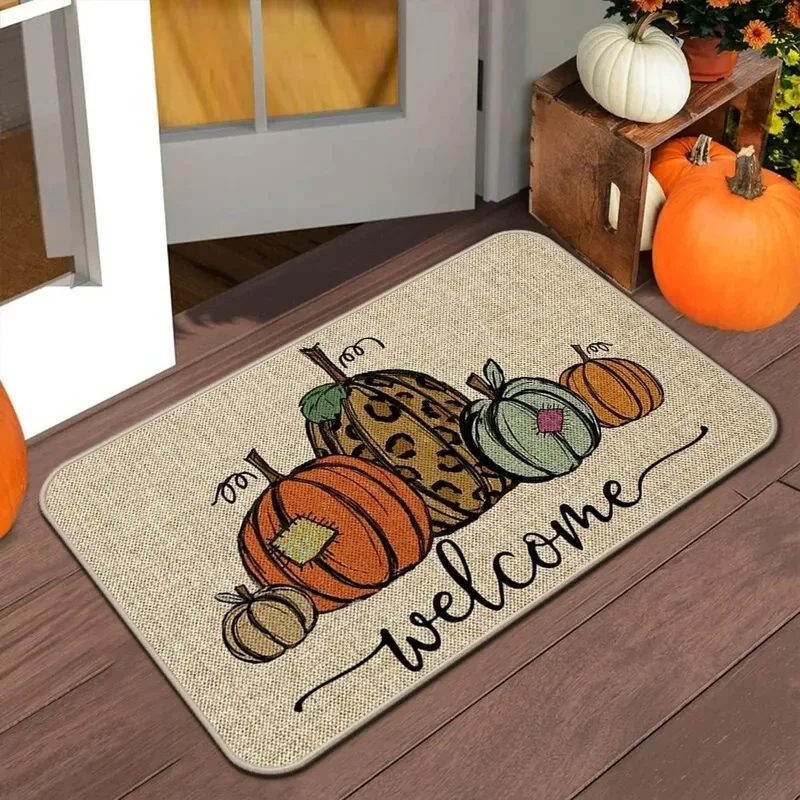 VIKAMA Autumn Leopard Pumpkin Welcome Doormat Anti-slip Wear-resistant Harvest Thanksgiving Front Entrance Decor Floor Mat