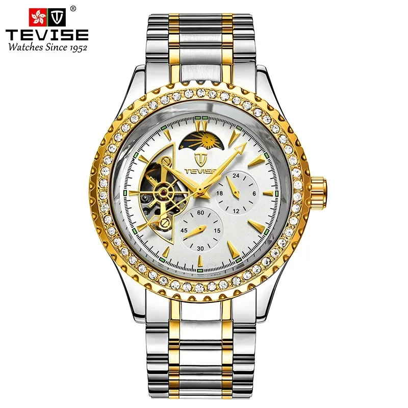 Diamond-encrusted Tourbillon Automatic Mechanical Watch Men's Moon Phase Waterproof Glow-in-the-dark Sports Watch