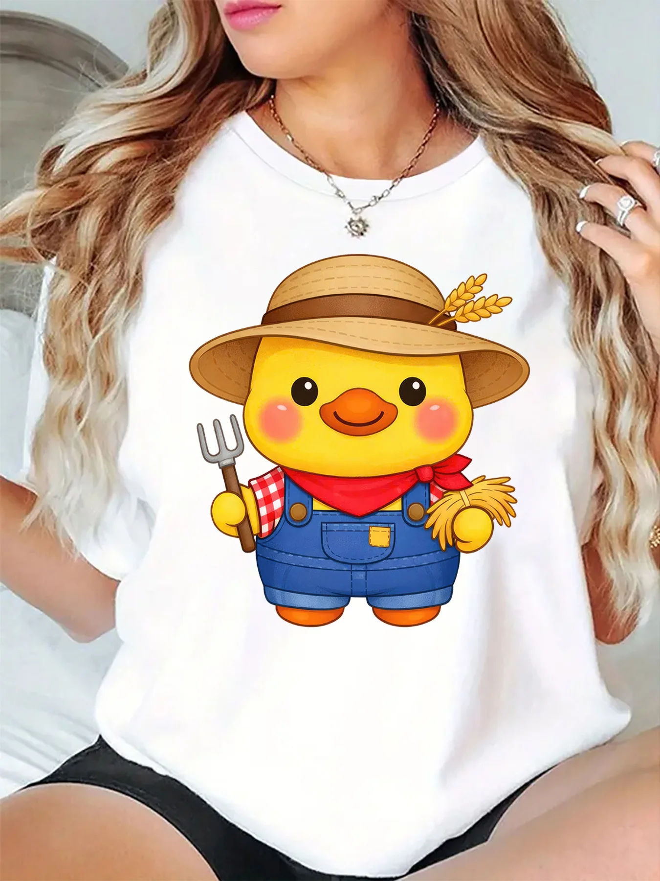 Cute Farmer Duck With Straw Hat Cartoon Graphic Womens T Shirt Short Sleeve Crew Neck Farm Animal Casual Daily Ladies Tee Tops