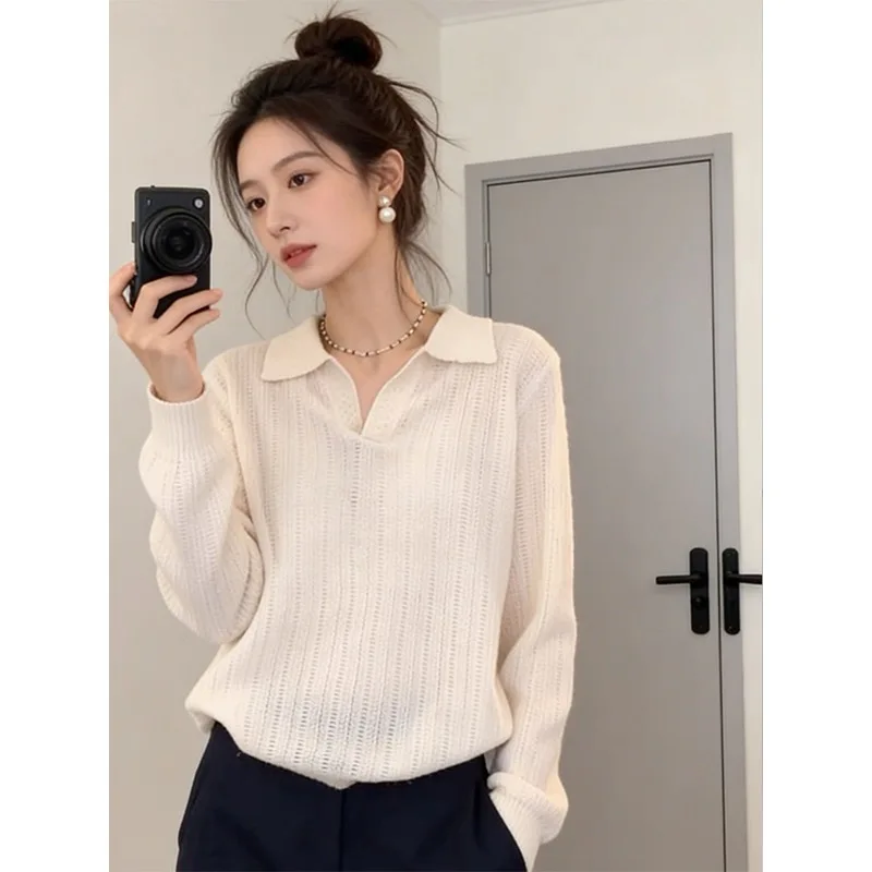 Women Collared Knit Sweater Long Sleeve Polo Neck Top Autumn New Arrival Minimalist Sophisticated Commuter Casual Knitwear