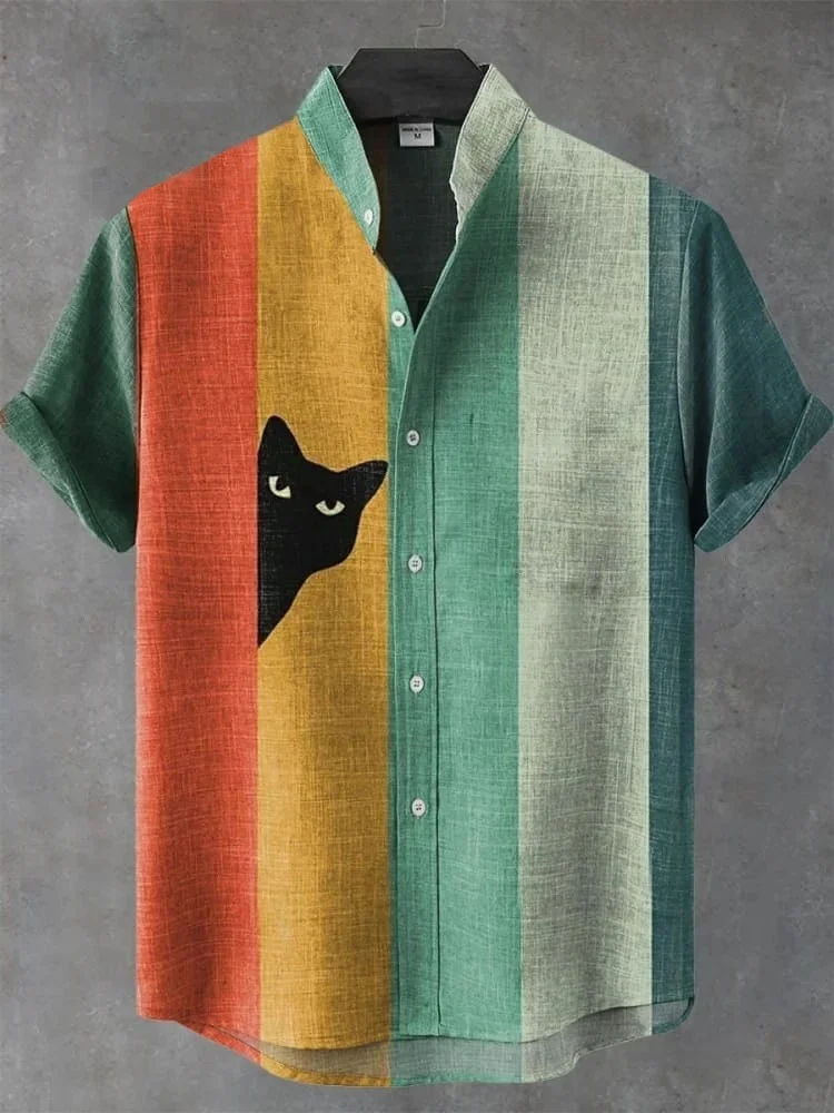 

Men's Vintage Black Cat Contrast Stripes Art Short Sleeve Shirt Oversized Stand Collar Buttons Harajuku Tops Man Clothings Male