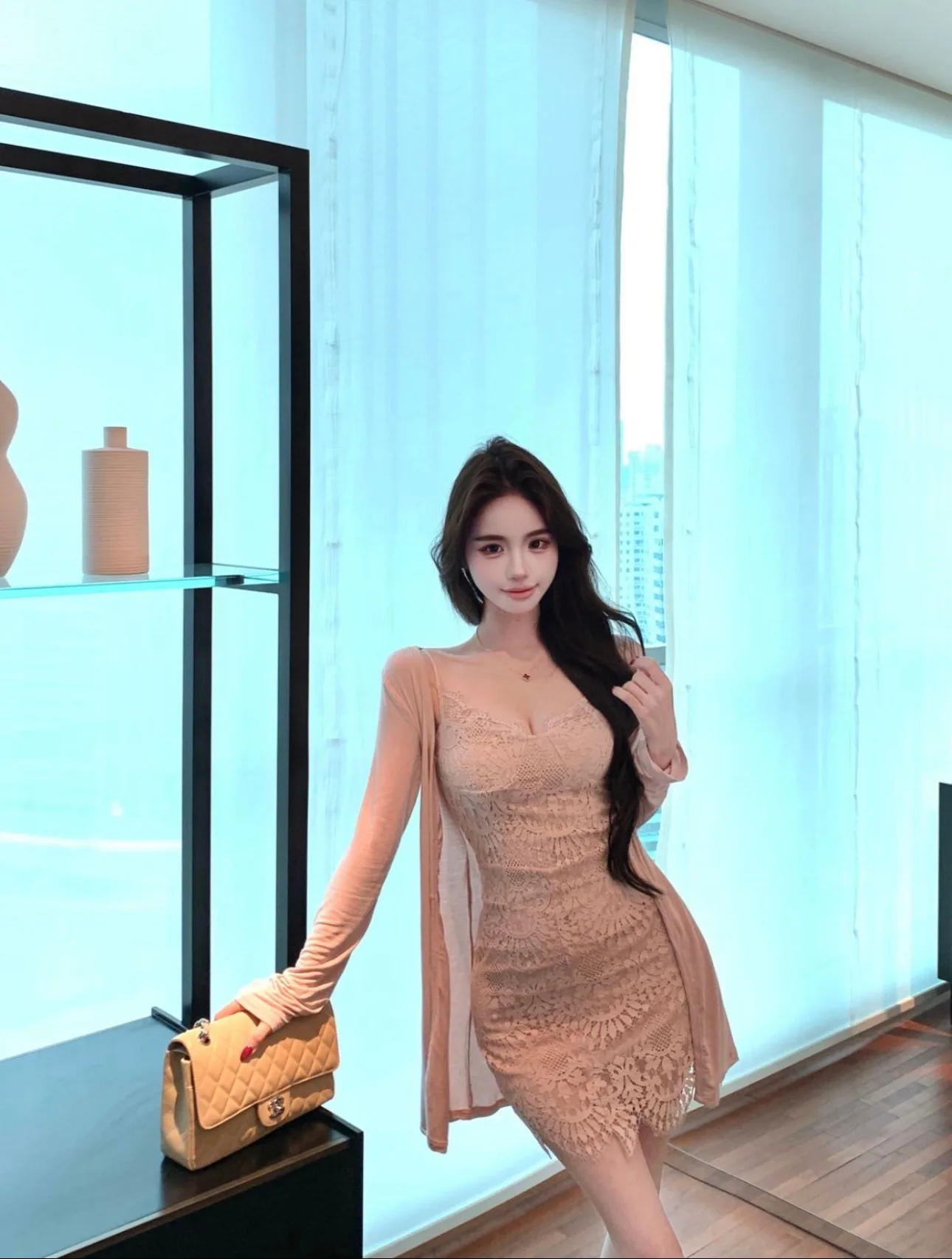 

Комплект из двух предметов: платье с длинными рукавами и кружевными вставками в стиле Pure Desire и юбка-обертка. Женский модный весенний наряд с завышенной талией.