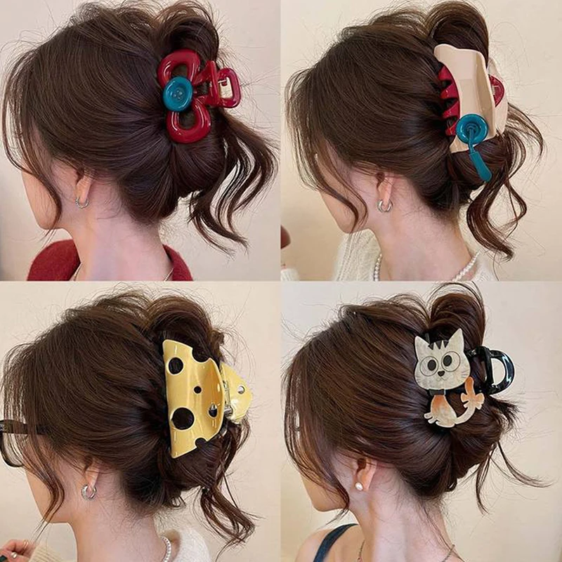 Red Button Grab Clip Women 2024 Back Of Head Hair Clip Headpiece Hairpin Hair Accessories