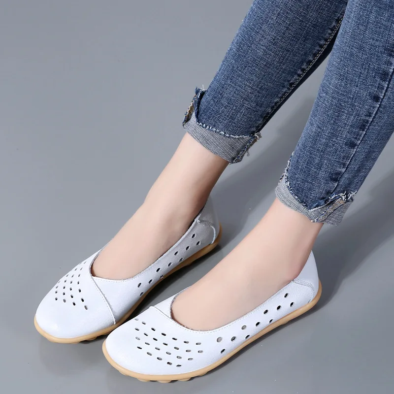 Genuine Leather Women Flats New Cut-Outs Summer Shoes Woman Hollow Women's Loafers Female Solid Shoe Large Size35-44