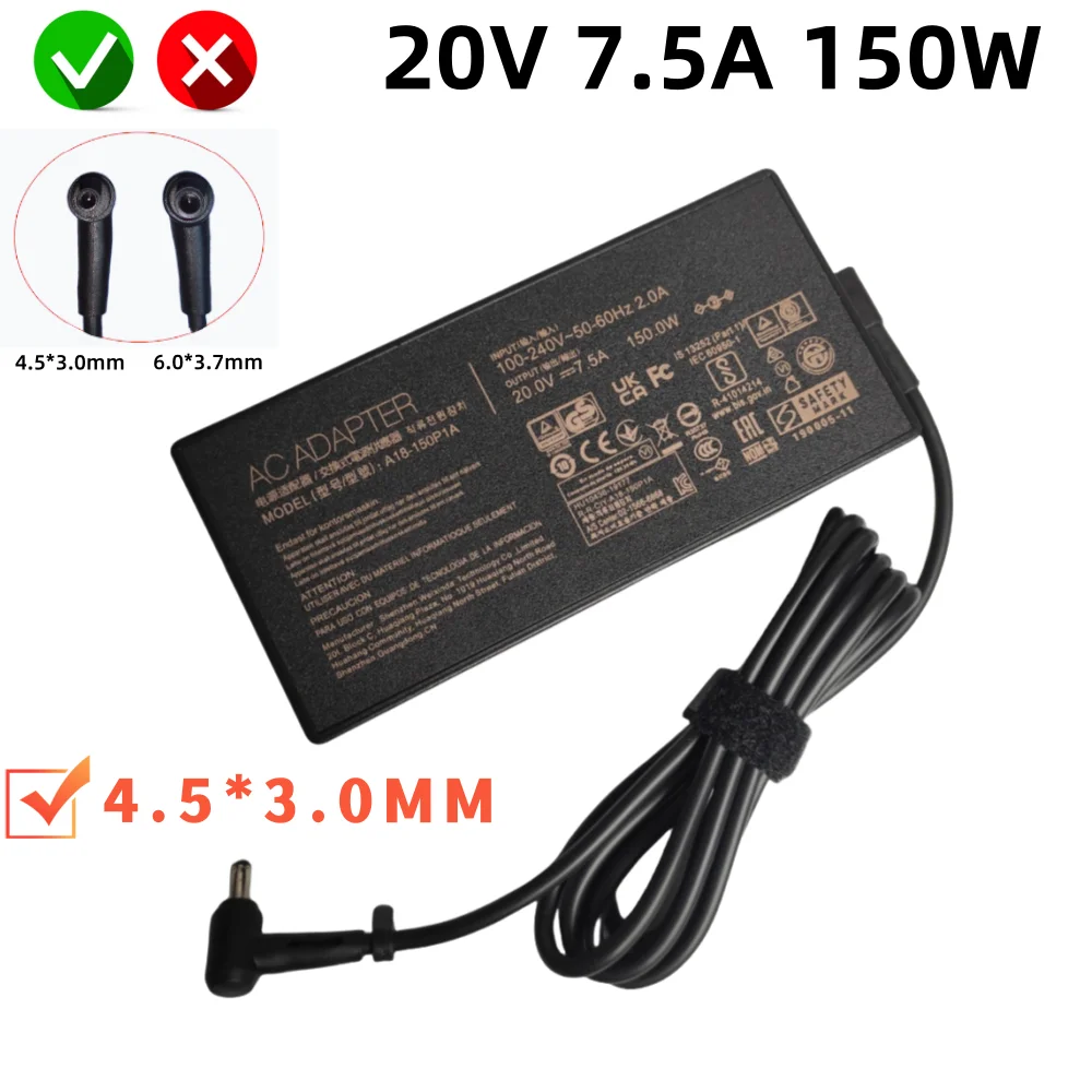 

20V 7.5A 150W 4.5x3.0mm Small Mouth Needle Tip AC Adapter Laptop Charger For Asus X571 X751G X571LI X571LH VX60G T9750 UX535