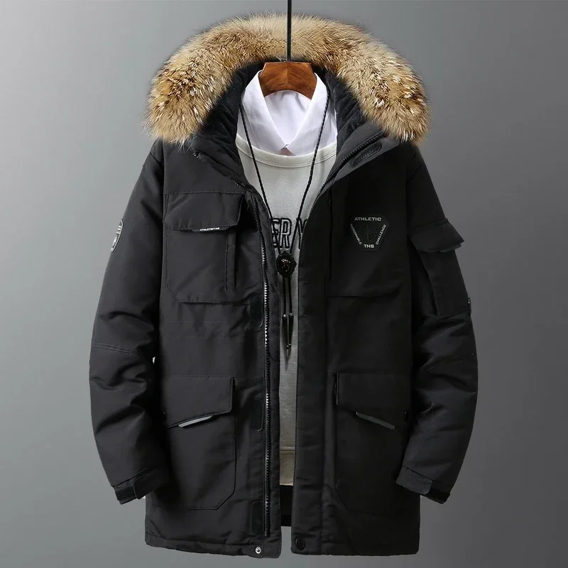 -30 Degree White Duck Down Parkas Men Windproof Hooded Thicken Multi-pocket Down Coat Fur Collar Hooded Thick Winter Jacket