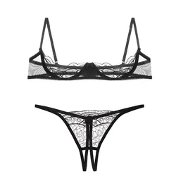 Ropa interior de malla bordada con encaje transparente para mujer, sujetador exótico con Tirantes ajustables, copa de máscara abierta, Push Up con aros