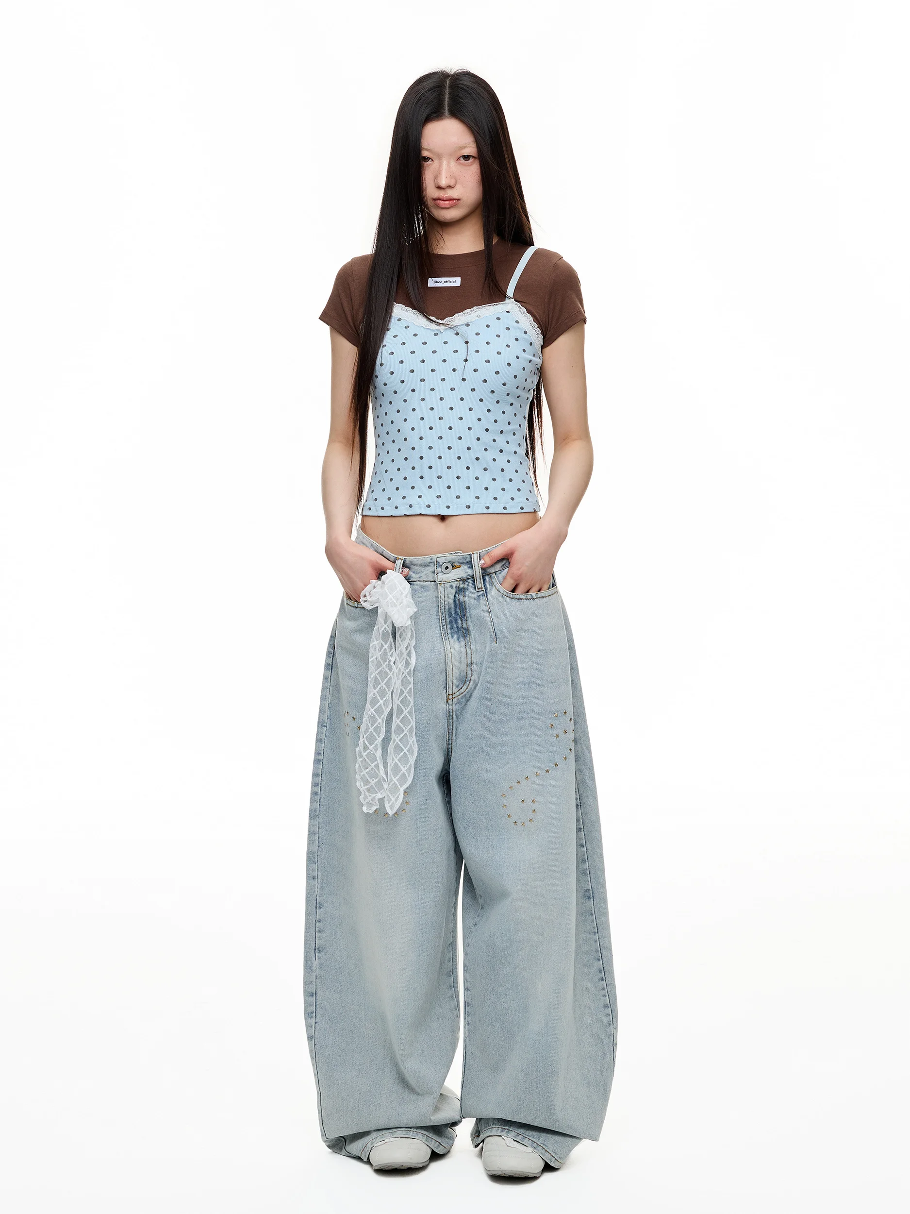 JIKOO カジュアル オールドスクール デニムジーンズ レディース ヘビー刺繍 ダイヤモンド ダッド スレ フェード加工 ワイドレッグ ストレート カジュアル ロングパンツ