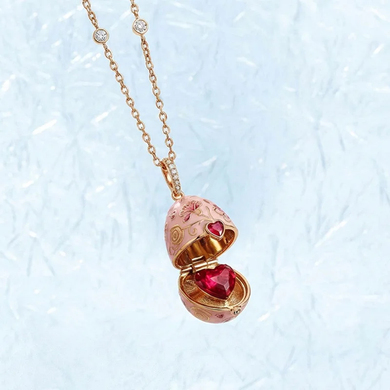 Vintage Egg Shaped Flower Pendant Heart Zircon Necklace for Women Unique Openable Design Versatile Birthday Jewelry Accessories