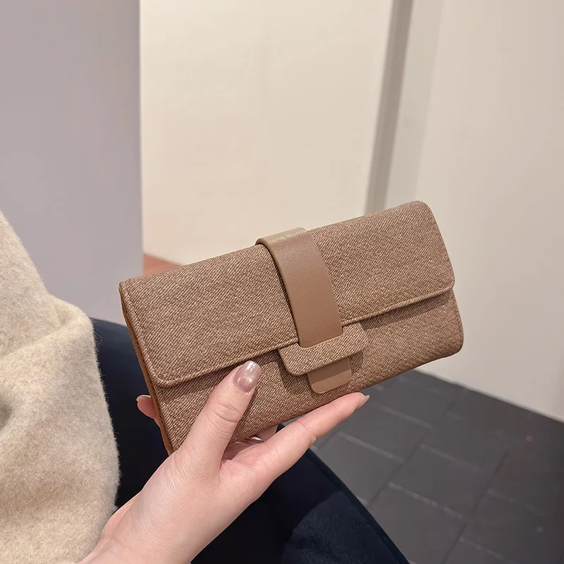 Women Elegant Long Fabric Wallet Contrast Strap Snap Button Clutch Purse Multi Card Slots Zipper Coin Pocket For Daily Use