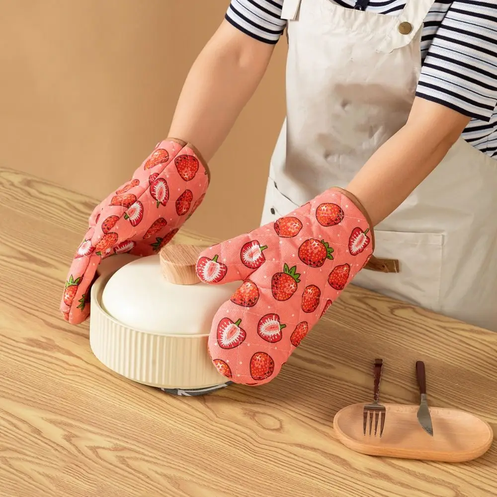 2pcs Heat Resistant Cotton Oven Mitts Anti-scald Cotton Lining Kitchen Microwave Mittens Thickened Angled Cuff