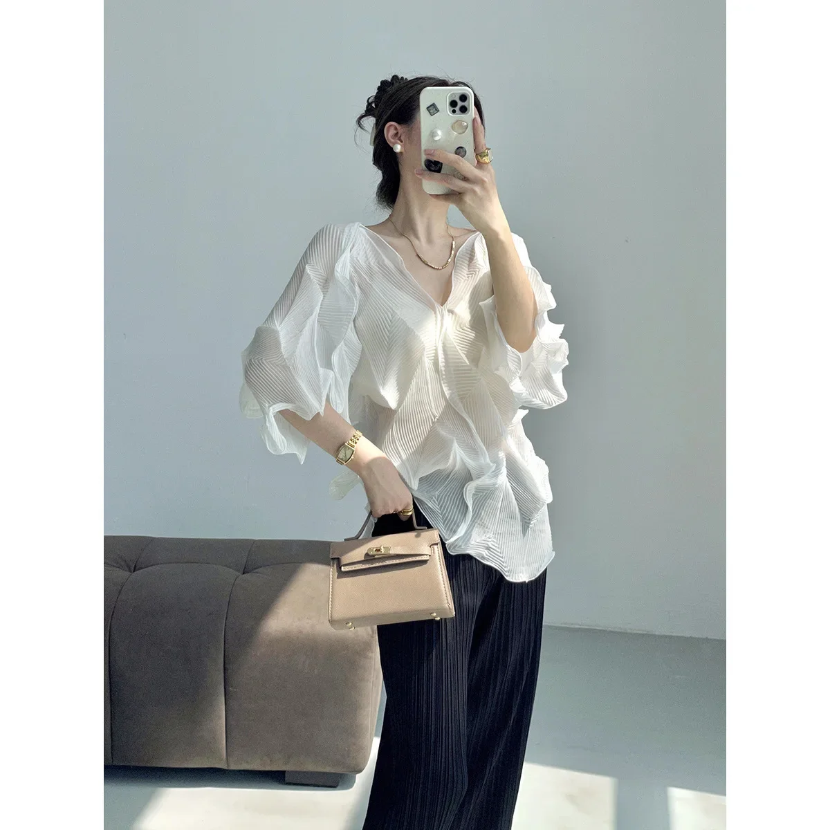 Women's blouse Miyake Pleated Summer fashion V-neck mid-sleeve wooden ear edge irregular top