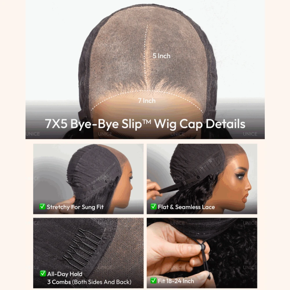 UNice 7x5 Bye Bye Slip™ Lace Burmese Curly Wig With Bangs & Finger Coil Ends Pull & Go Drawstring Glueless Human Hair Wig Ready To Go 150% Density image 5
