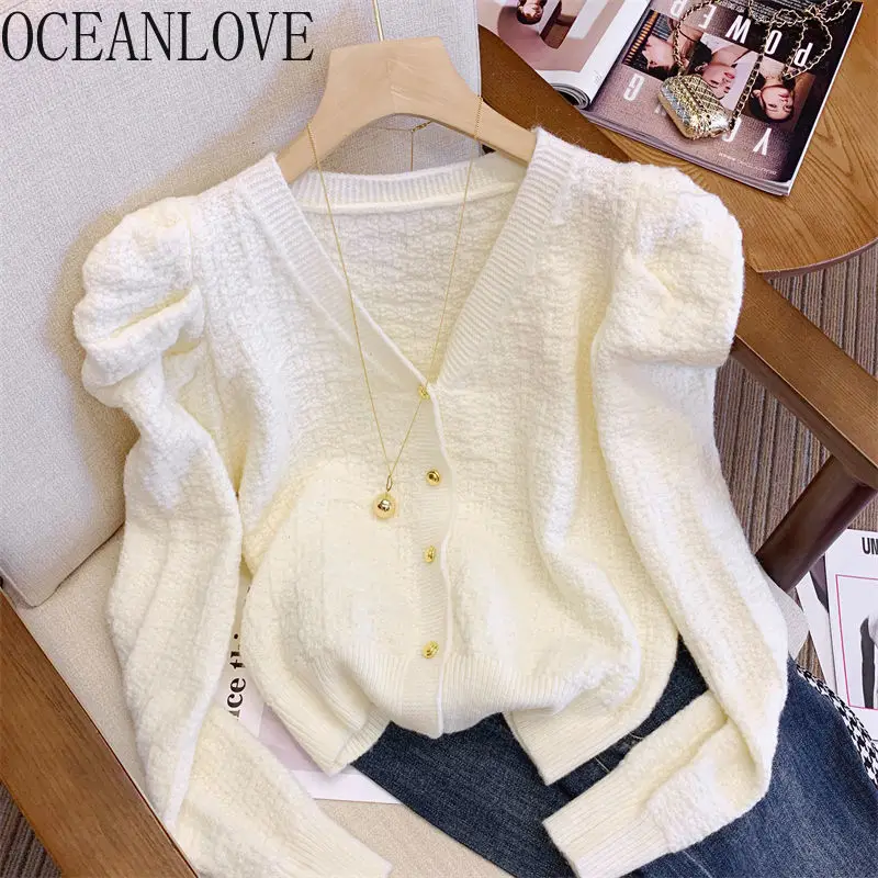 OCEANLOVE Puff Sleeve Autumn Winter Clothes Women Sweaters Solid V Neck Korean Fashion Cardigans Sweet Vintage Ropa De Mujer