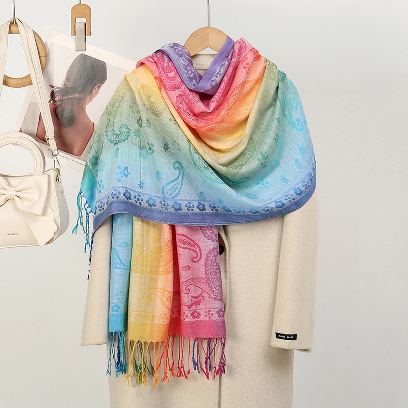 Boho Elegant Jacquard Pashmina Imitation Cashmere Scarf Winter Thick Warm Rainbow Color Shawl Wrap Coldproof Blanket Scarf Stole