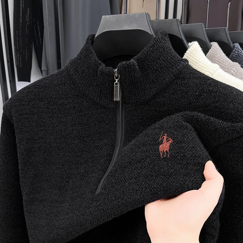 Luxuriöser Herren-Langarm-Strickpullover mit halbem Reißverschluss, Pferde-Stickerei, Stehkragen, Winter-Neuheit, Warmer, Stilvoller, Verdickter Herrenpullover – Detail 12