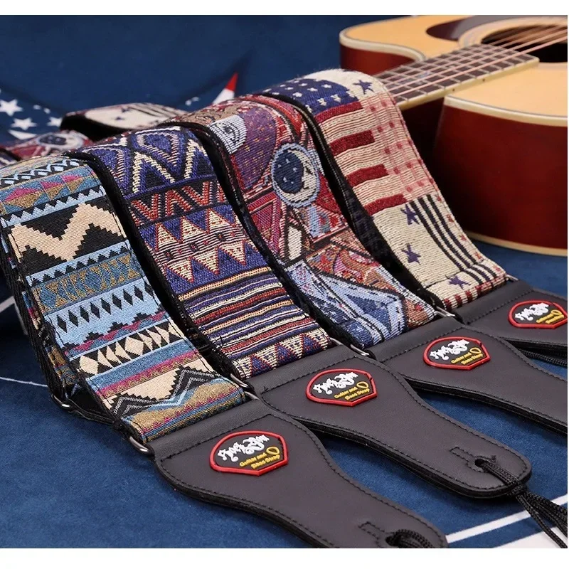 Guitar Strap PU Leather Ends Adjustable Acoustic Electric Bass Guitar Ethnic Style Strap Belt Guitar Parts & Accessories