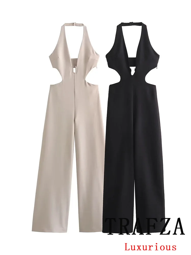 TRAFZA Sexy Chic Women Jumpsuit Solid Halter Backless Zipper Loose Pants New Fashion 2024 Summer Holiday Chic Bodysuit