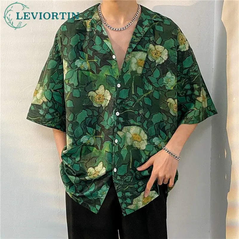 

High Street Male Hawaiian Shirt Flower Full Print Shirt Summer Casual Cardigan Short Sleeve Blouse Tops For Men