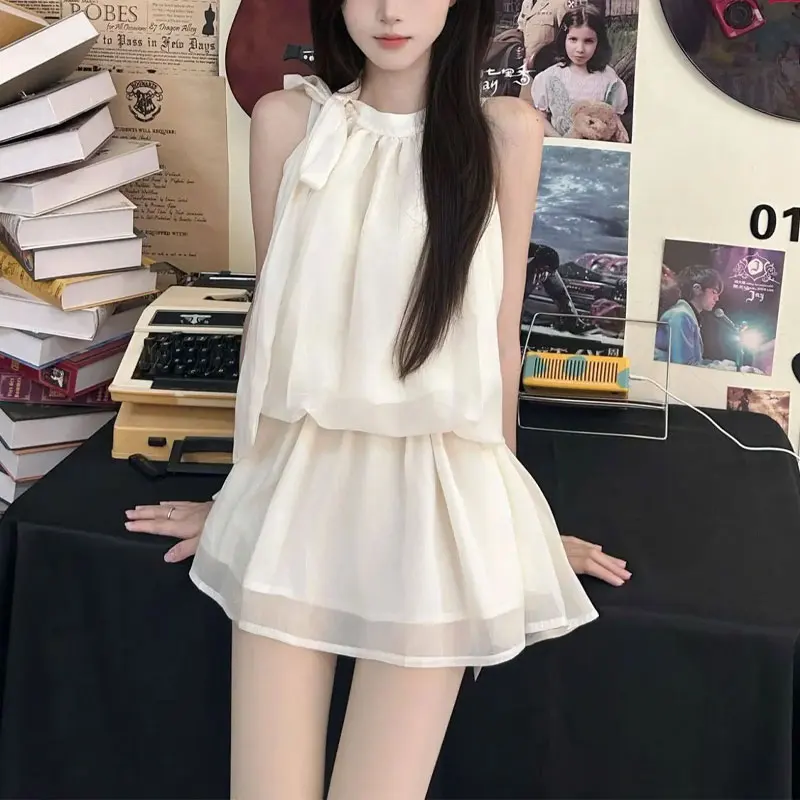 

Aura French Style Halter Drawstring Bow Mini Dress Women's Clothing Solid Color Summer Sleeveless Waist Stylish Folds Dresses