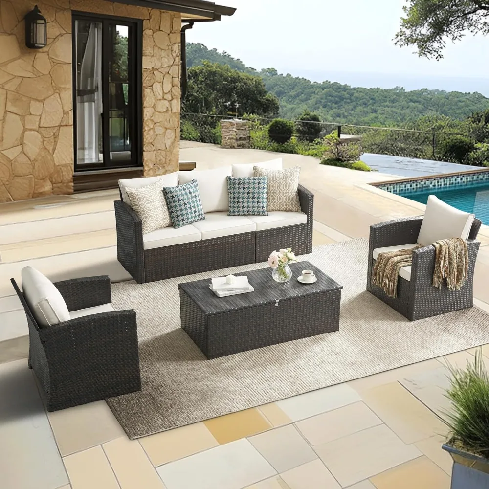 

4 Pieces Patio Furniture Set, Outdoor Conversation Set with Storage Coffee Table, Wicker Rattan Patio Sofa Conversation