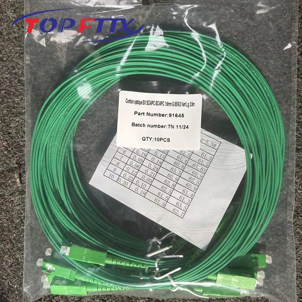 

100 PCS Whole Sale 3.5 Meter Green Color SC/APC Fiber Optic Patch Cord Single Mode G657A2 SX 1.6mm Optical Fiber Garter