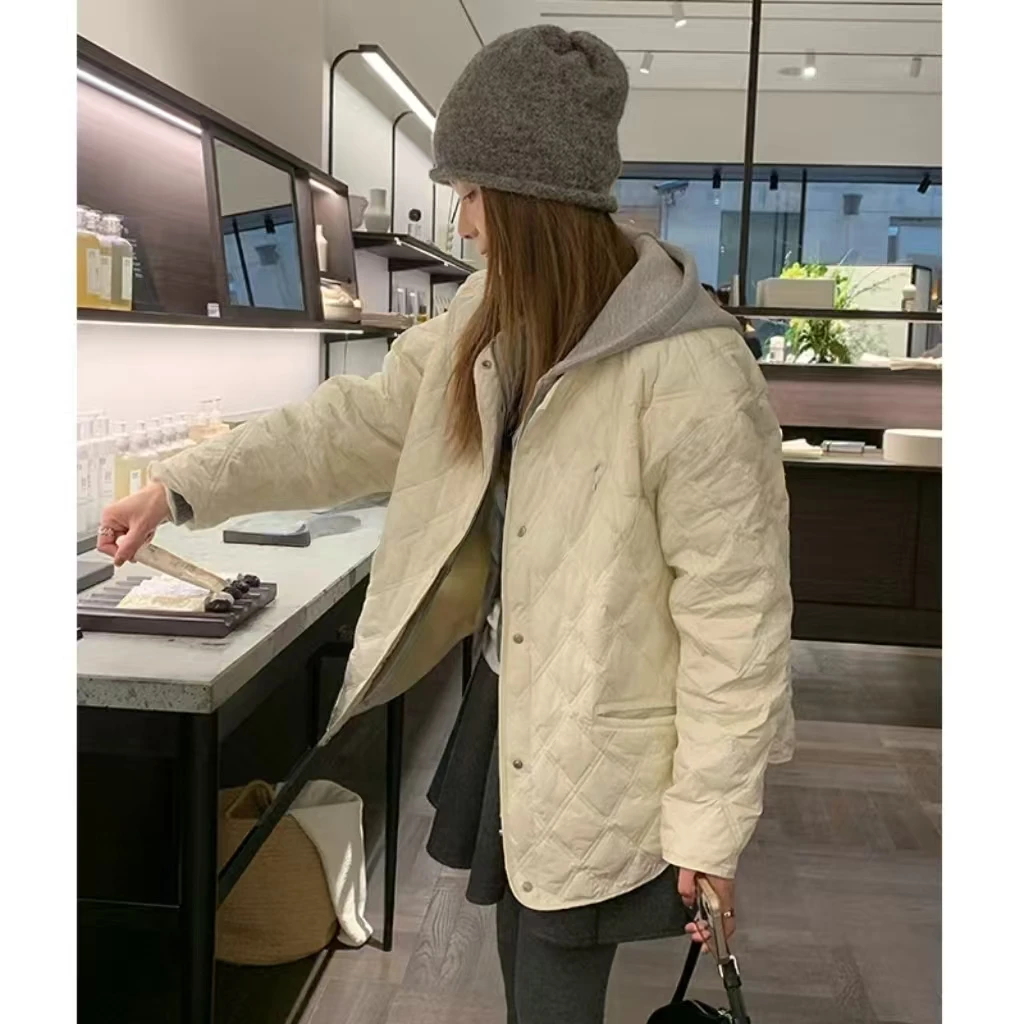 Lightweight Knitted Cotton Jacket for Women with Detachable Hood Diamond Pattern Commute Style Loose Fit Long Sleeve Coat