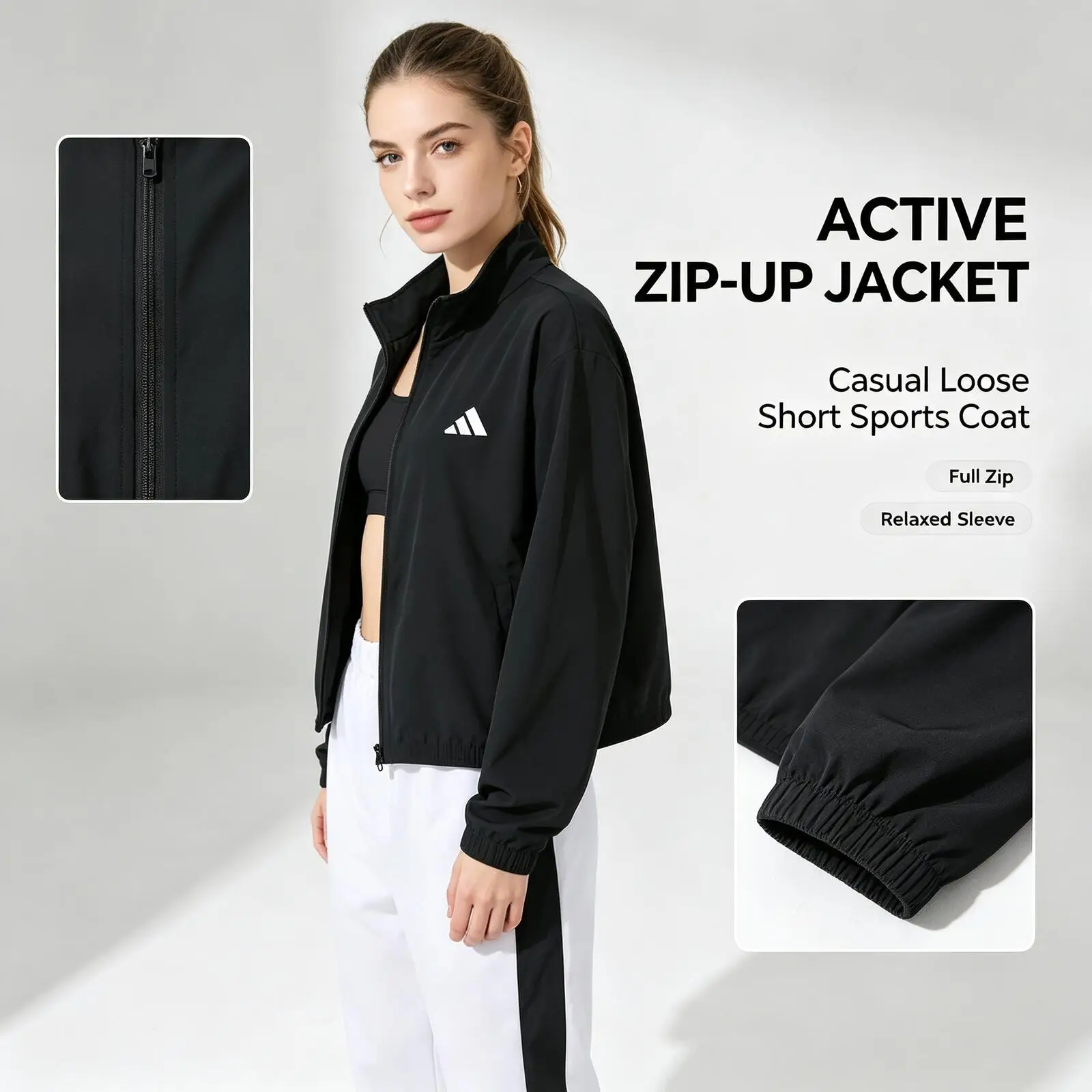 New Adidas Black Cropped Sports Jacket Women Loose Fit Full-Zip Active Outerwear Casual Short Coat for Running Training Streetwe