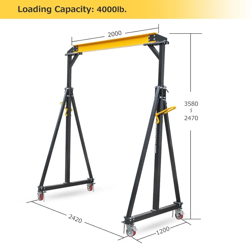 Crane, 4000-Lb Loading Capacity, Portable Shop Lift Hoist, Adjustable Height from 97" to 141", Ideal for Factories, Construction