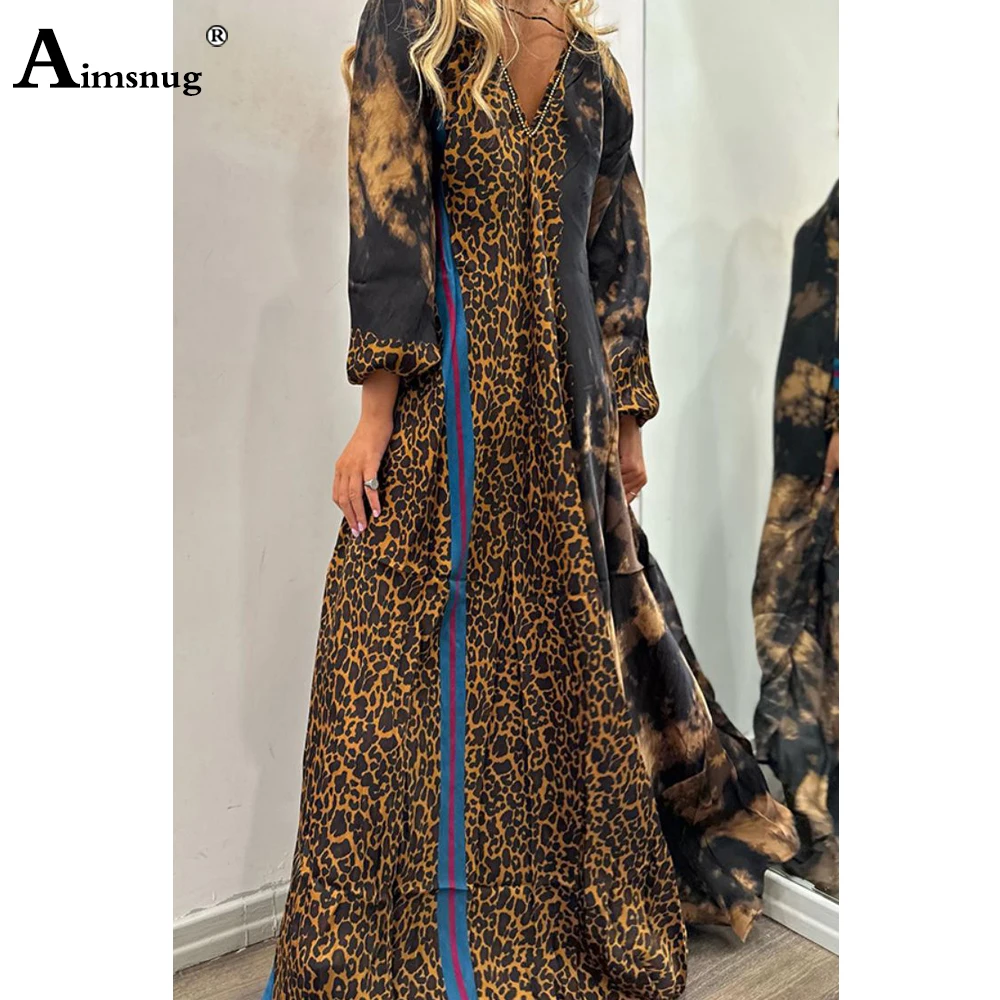 Women Long Sleeves Elegant Maxi Dress Womens Patchwork Leopard Party Dresses Loose Robe Female Long A-line Dress Clothing 2023