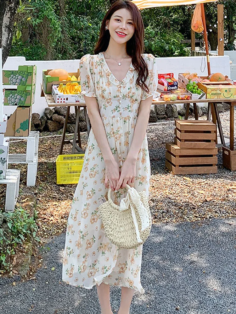 2025 Boho floreale chiffon manica a sbuffo increspato scollo a V abito longuette estate casual vestito da festa donna moda coreana abiti eleganti