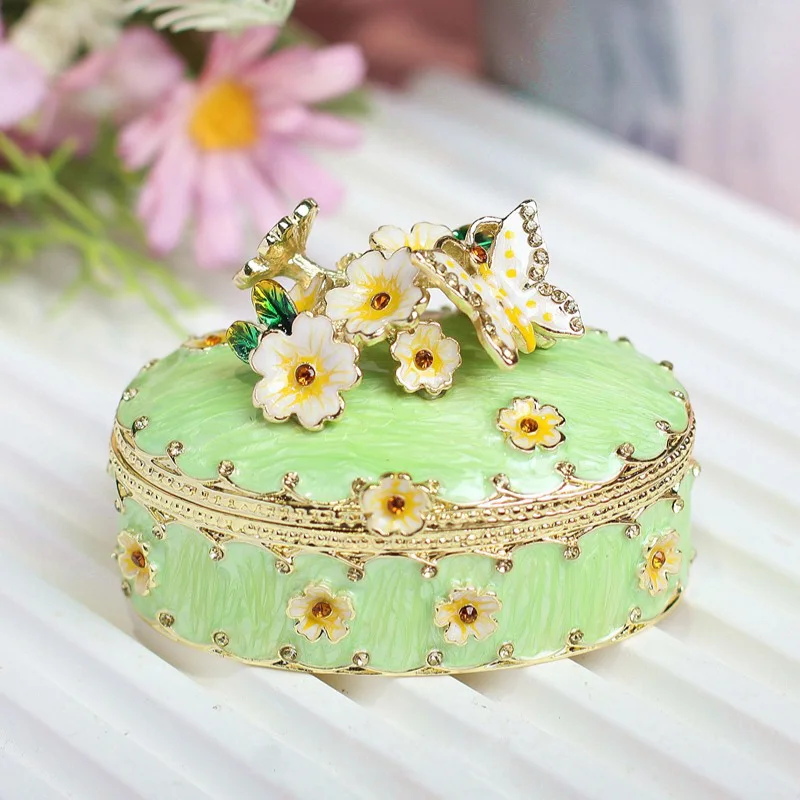 Handmade Enamel Colored Drawing Flower Butterfly Jewel Case Jewelry Storage Box Metal Handicraft Home Furnishing Articles