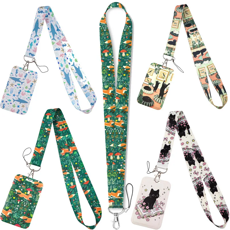Cartoon Animals Cat Shark Fox Mobile Phone Lanyards Credential Holder Lanyards for Key Art Paintings Neck Strap For Card Badges
