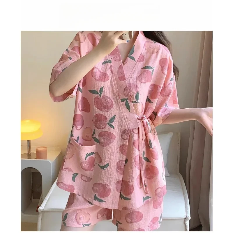 Damska bielizna nocna, odzież domowa, kimono, piżama, studencka, krótki rękaw, szorty, brzoskwiniowy wzór, zestaw topów i spodni, wygodna odzież do spania.