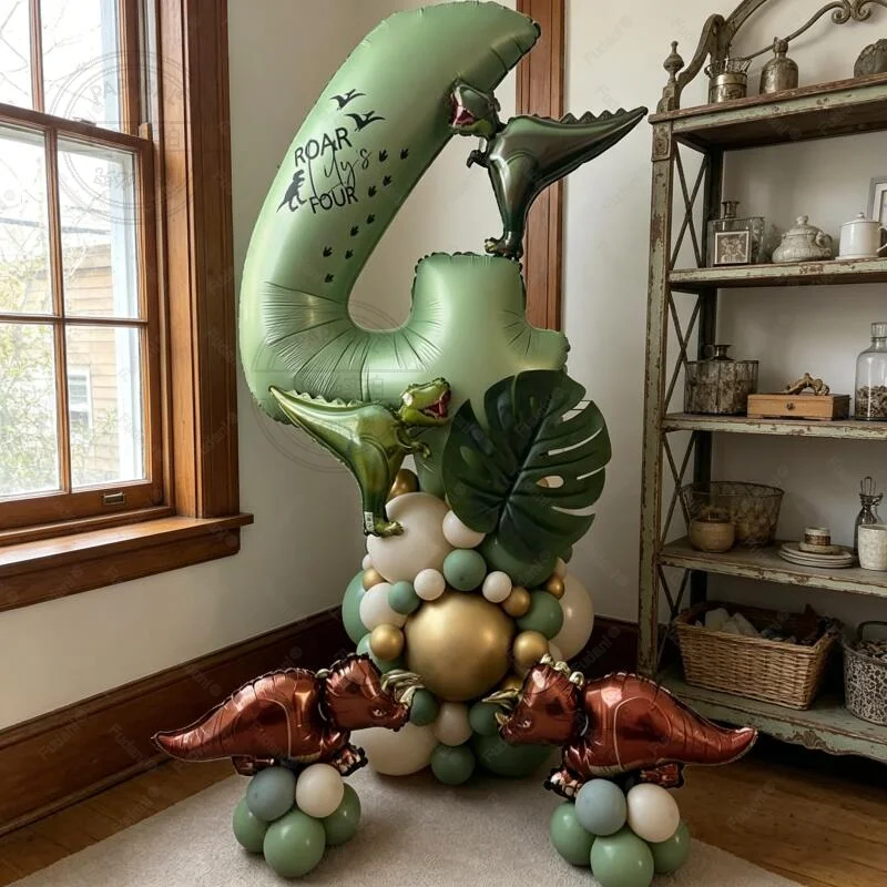 58pcs Mini Triceratops Tyrannosaurus Rex Balloon 40 Inch Olive Green Number 1-9 Balloon Set Dinosaur Theme Party Decoration
