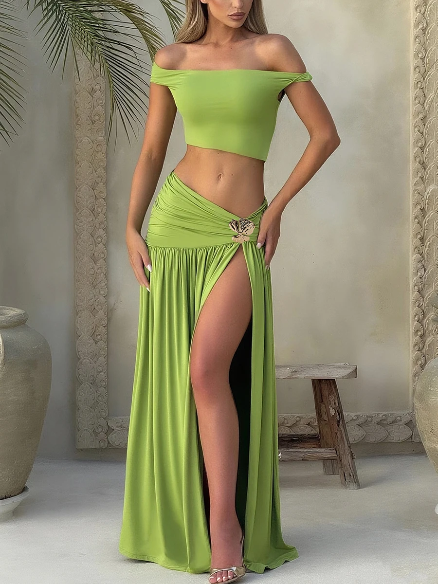 

Cutenew Women's Sexy Matching 2 Piece Set Summer Solid Off Shoulder Slash Crop Tops+Split Ruched Maxi Skirts Mujer Party Outfits
