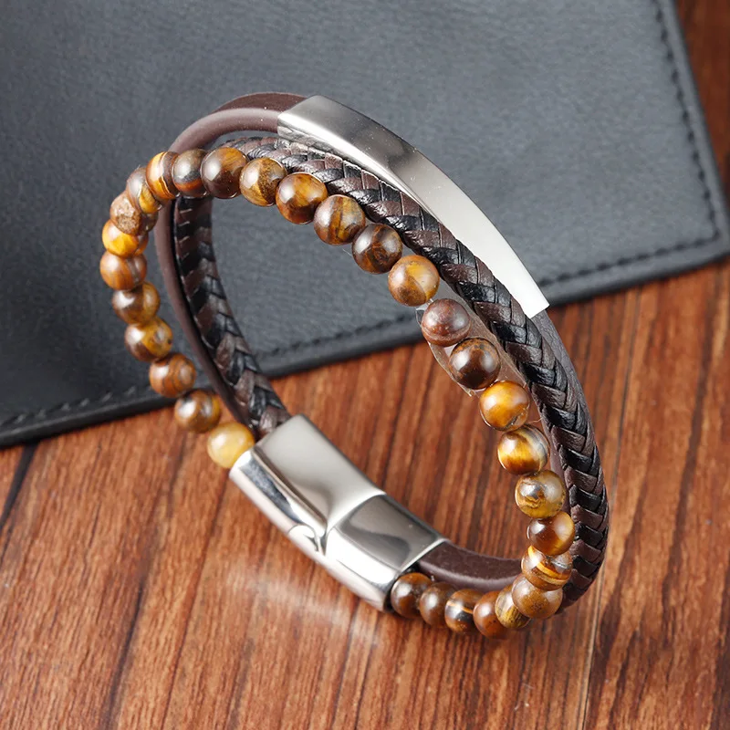 Premium Stainless Steel Jewelry Genuine Leather Woven Tiger-eye Beaded Bracelets Luxury Brand Bracelet Men