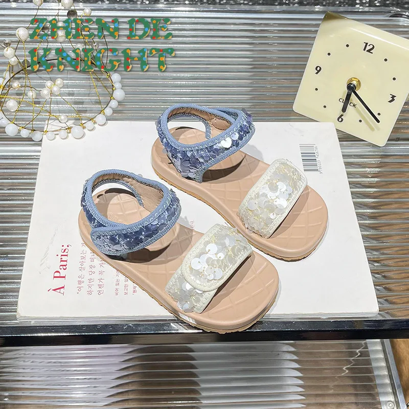 

2025 Summer New Style Sparkling Princess Sandals Girls' Sandals Soft Bottom Children's Open Toed Beach Shoes