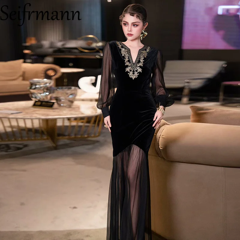 

Seifrmann Women's Elegant Gold thread Embroidery V-Neck Long Sleeve Vintage Long Dresses Fashion Spring New