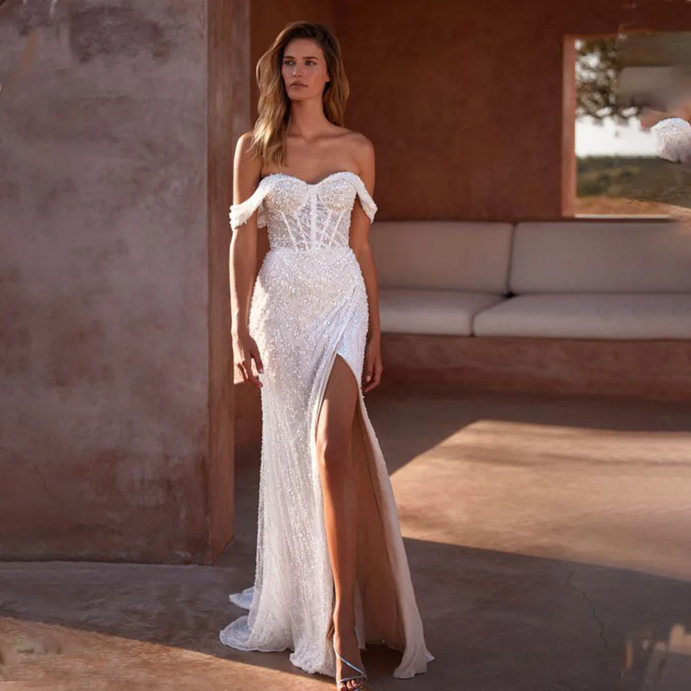 

Bling Bling Off The Shoulder Sweethart Pleat Beaded Sequined Wedding Dresses Side Slit Formal Bridal Grown 2024 Rode De Morri