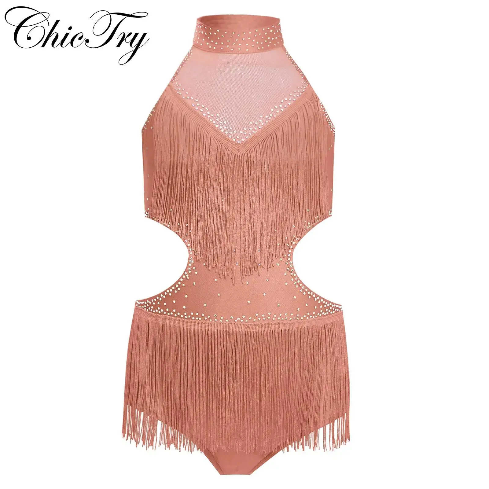 

Kids Girls Ballet Leotard Dress Tassels Latin Dance Gymnastics Dancewear Cutout Backless Rhinestones Fringed Lyrical Leotard